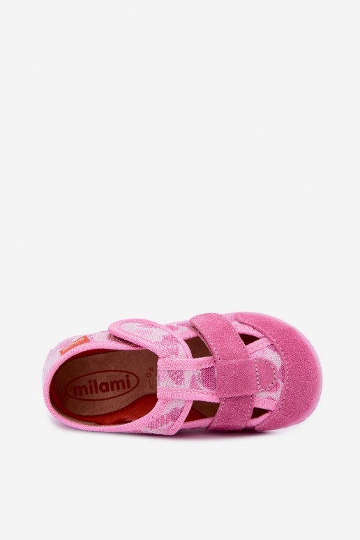 Kinderpantoffels Milami met klittenband en glinsterende harten in roze Reathiana