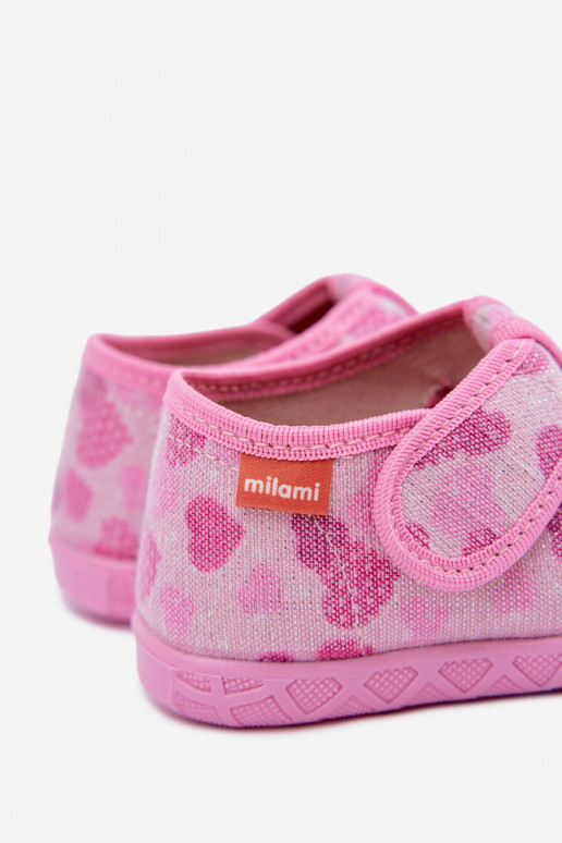 Kinderpantoffels Milami met klittenband en glinsterende harten in roze Reathiana