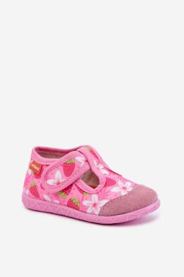Kinderpantoffels Milami met klittenband en aardbeien en bloemen in roze Jasimrra