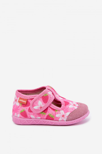 Kinderpantoffels Milami met klittenband en aardbeien en bloemen in roze Jasimrra 2