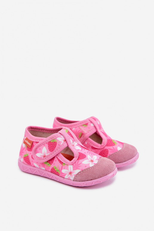 Kinderpantoffels Milami met klittenband en aardbeien en bloemen in roze Jasimrra