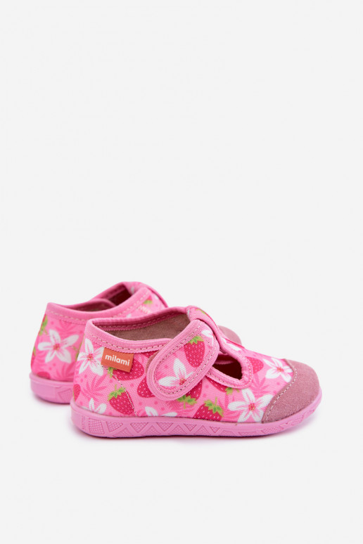 Kinderpantoffels Milami met klittenband en aardbeien en bloemen in roze Jasimrra