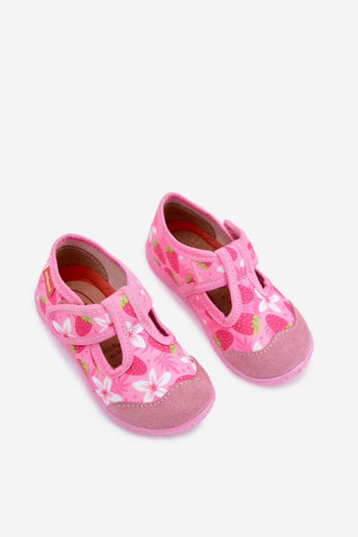 Kinderpantoffels Milami met klittenband en aardbeien en bloemen in roze Jasimrra