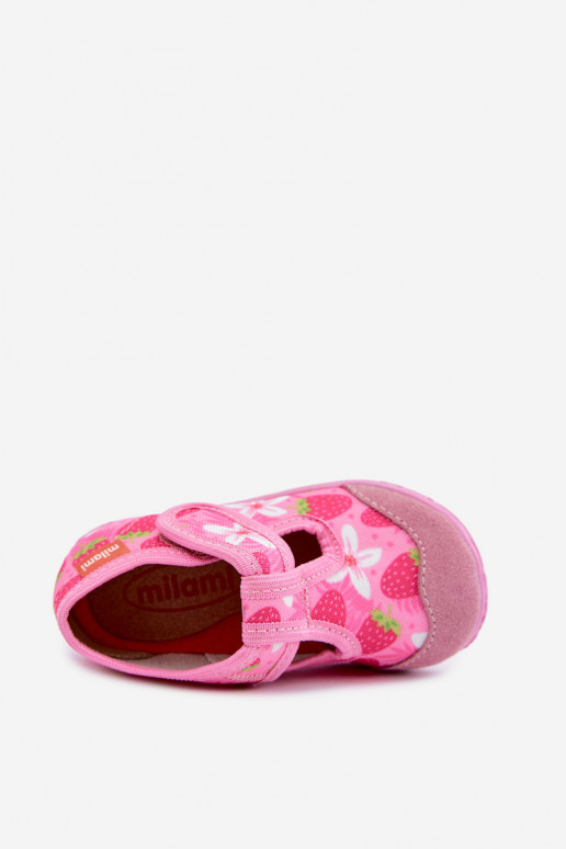Kinderpantoffels Milami met klittenband en aardbeien en bloemen in roze Jasimrra
