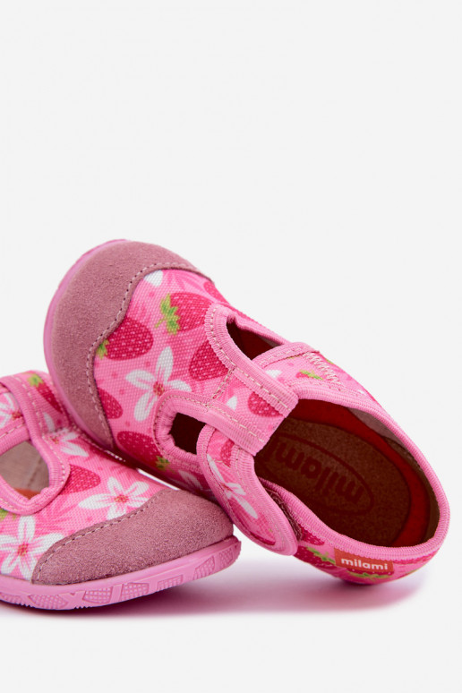 Kinderpantoffels Milami met klittenband en aardbeien en bloemen in roze Jasimrra