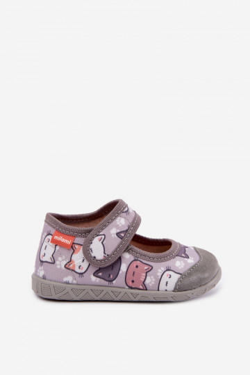 Kinderpantoffels Milami met klittenband en katten in grijs Esnia 2
