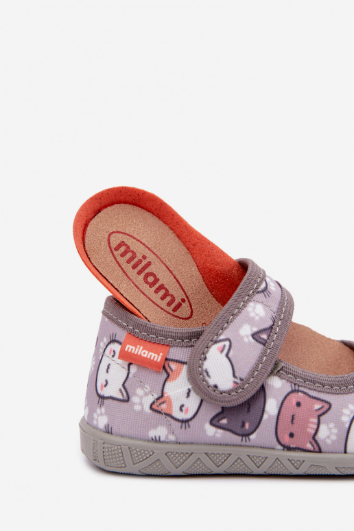 Kinderpantoffels Milami met klittenband en katten in grijs Esnia
