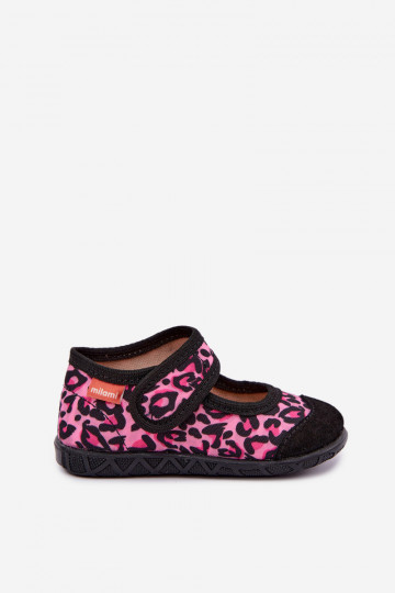 Kinderpantoffels Milami met klittenband en luipaardpatronen in roze en zwart Esnia 2