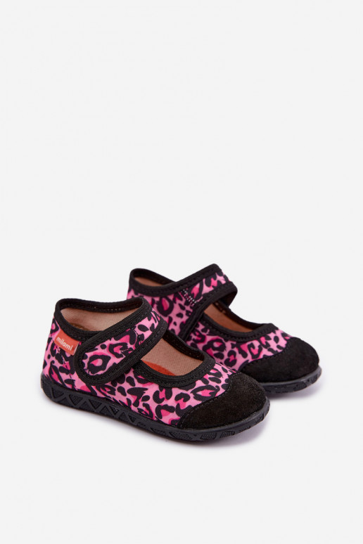 Kinderpantoffels Milami met klittenband en luipaardpatronen in roze en zwart Esnia