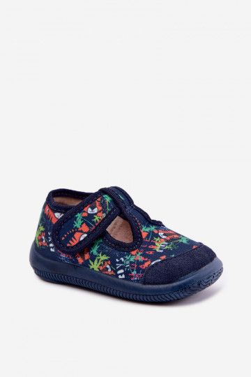 Elastische kinderpantoffels Milami met klittenband en junglepaternen in donkerblauw Ambette