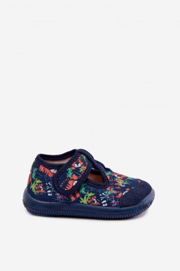 Elastische kinderpantoffels Milami met klittenband en junglepaternen in donkerblauw Ambette 2