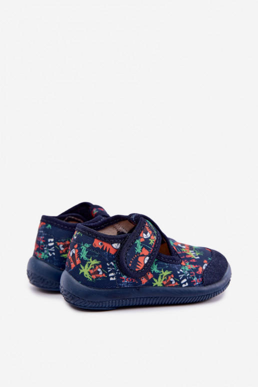 Elastische kinderpantoffels Milami met klittenband en junglepaternen in donkerblauw Ambette