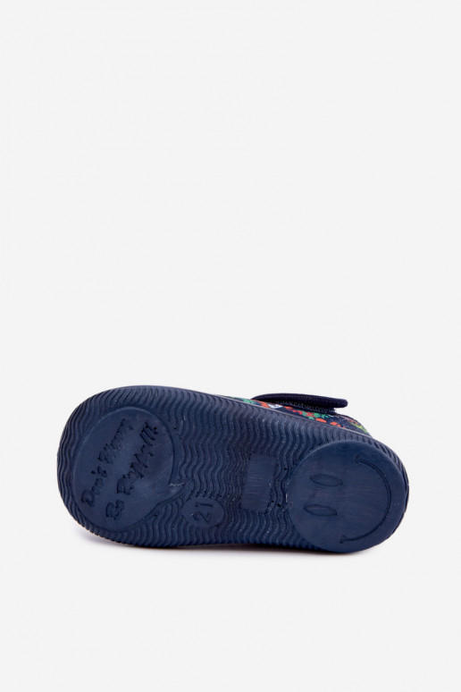 Elastische kinderpantoffels Milami met klittenband en junglepaternen in donkerblauw Ambette