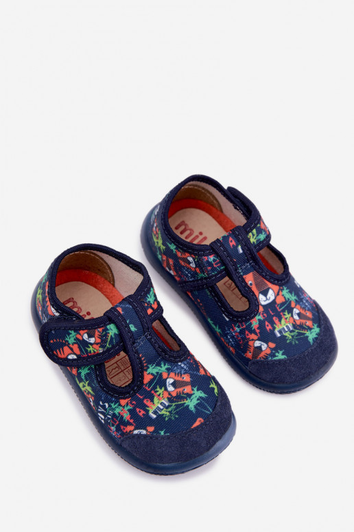 Elastische kinderpantoffels Milami met klittenband en junglepaternen in donkerblauw Ambette