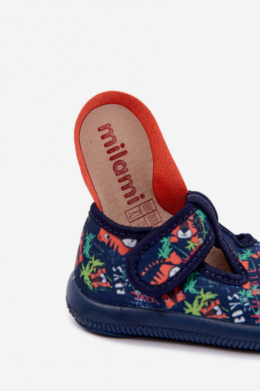 Elastische kinderpantoffels Milami met klittenband en junglepaternen in donkerblauw Ambette