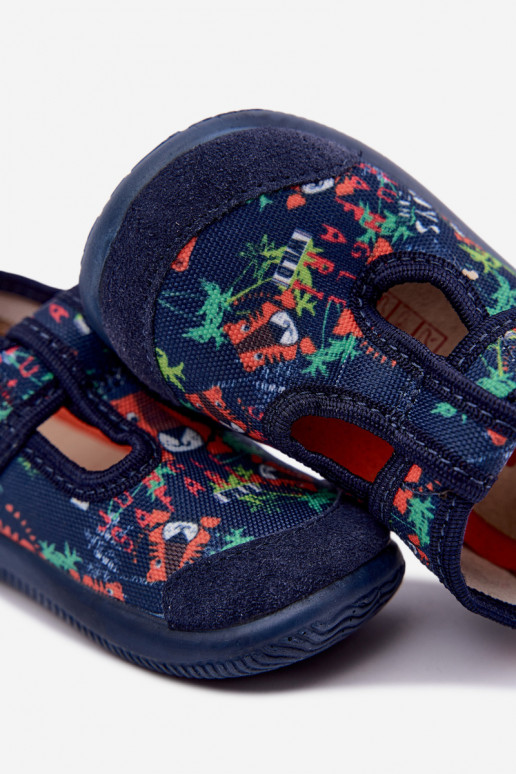 Elastische kinderpantoffels Milami met klittenband en junglepaternen in donkerblauw Ambette