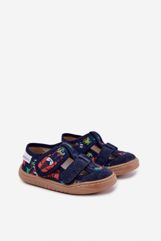 Kinderpantoffels Barefoot Milami met junglepaternen in donkerblauw Lumi