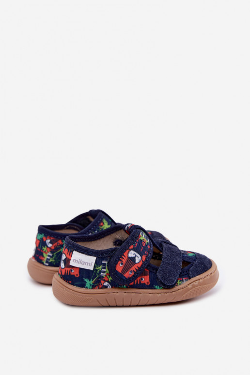 Kinderpantoffels Barefoot Milami met junglepaternen in donkerblauw Lumi