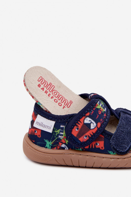 Kinderpantoffels Barefoot Milami met junglepaternen in donkerblauw Lumi