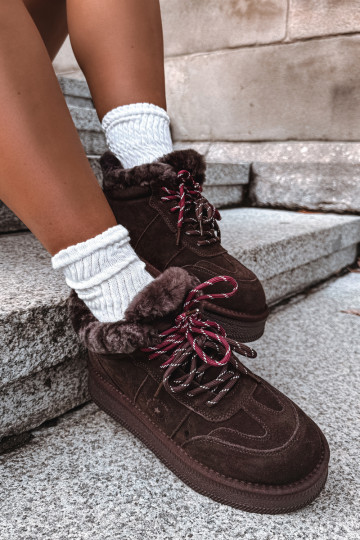 faux suede sneeuwschoenen voor dames met veters Big Star UU274312 in chocoladekleur 2