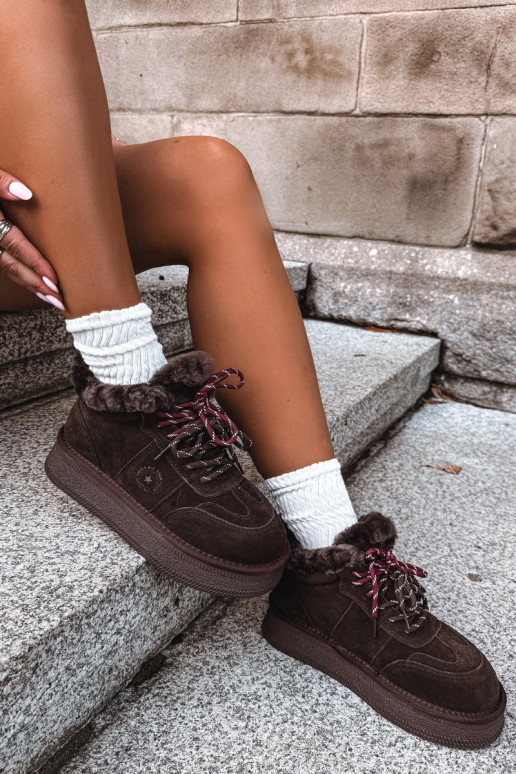 faux suede sneeuwschoenen voor dames met veters Big Star UU274312 in chocoladekleur