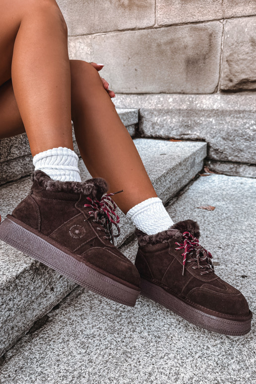 faux suede sneeuwschoenen voor dames met veters Big Star UU274312 in chocoladekleur