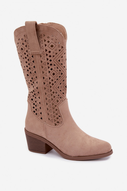 kniehoge laarzen met uitsnijdetelementen in cowboystijl met hakken S.Barski HY62-8126 in zandkleur
