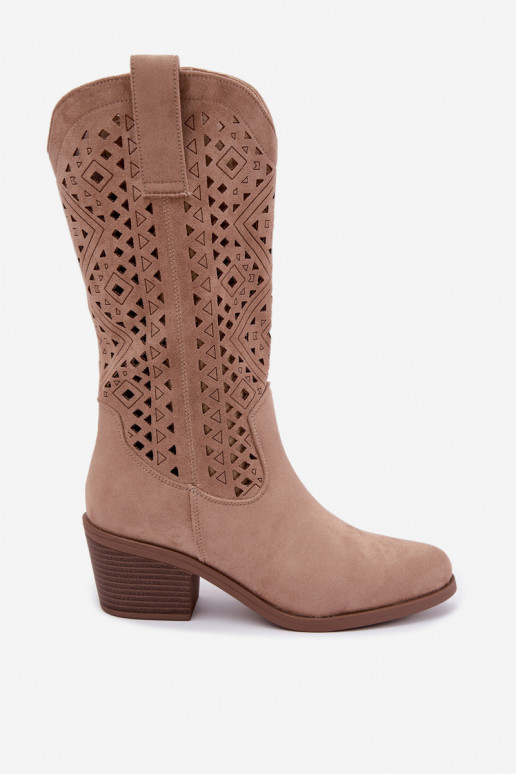 kniehoge laarzen met uitsnijdetelementen in cowboystijl met hakken S.Barski HY62-8126 in zandkleur