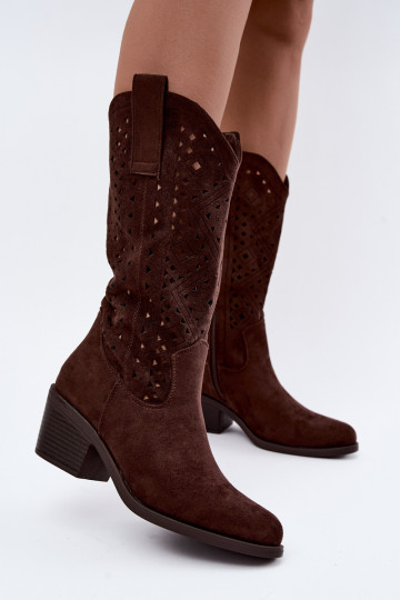kniehoge laarzen met uitsnijdetelementen in cowboystijl met hakken S.Barski HY62-8126 in chocoladekleur