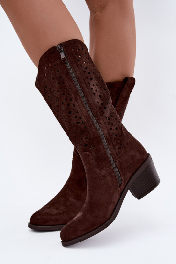 kniehoge laarzen met uitsnijdetelementen in cowboystijl met hakken S.Barski HY62-8126 in chocoladekleur 2
