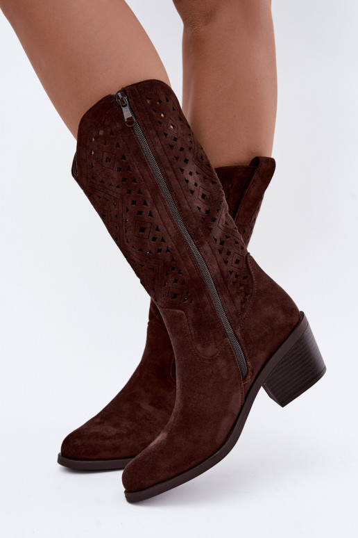kniehoge laarzen met uitsnijdetelementen in cowboystijl met hakken S.Barski HY62-8126 in chocoladekleur