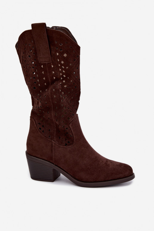 kniehoge laarzen met uitsnijdetelementen in cowboystijl met hakken S.Barski HY62-8126 in chocoladekleur