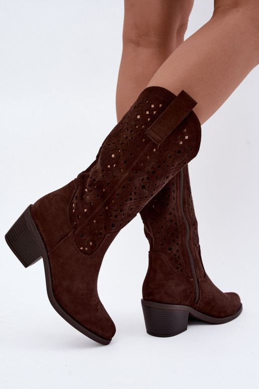 kniehoge laarzen met uitsnijdetelementen in cowboystijl met hakken S.Barski HY62-8126 in chocoladekleur