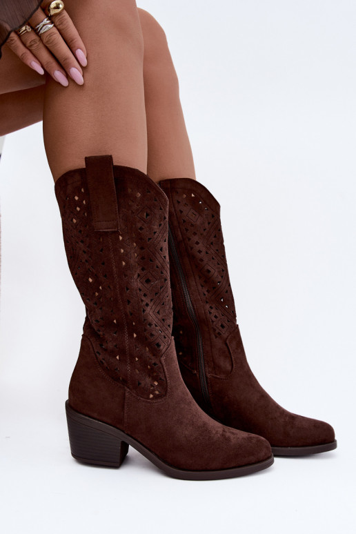 kniehoge laarzen met uitsnijdetelementen in cowboystijl met hakken S.Barski HY62-8126 in chocoladekleur