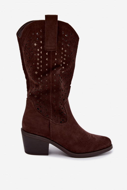 kniehoge laarzen met uitsnijdetelementen in cowboystijl met hakken S.Barski HY62-8126 in chocoladekleur
