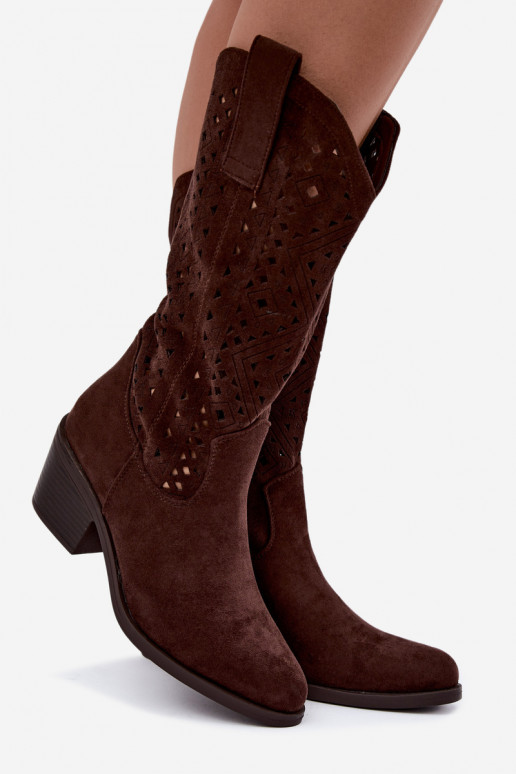 kniehoge laarzen met uitsnijdetelementen in cowboystijl met hakken S.Barski HY62-8126 in chocoladekleur