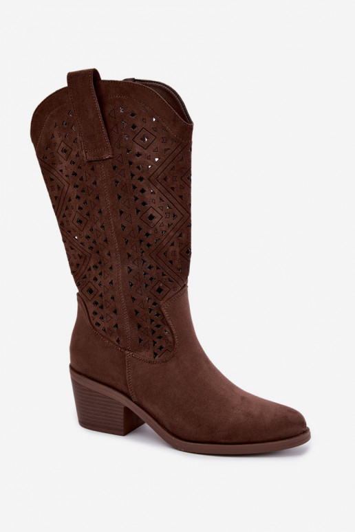 kniehoge laarzen met uitsnijdetelementen in cowboystijl met hakken S.Barski HY62-8126 in bruin
