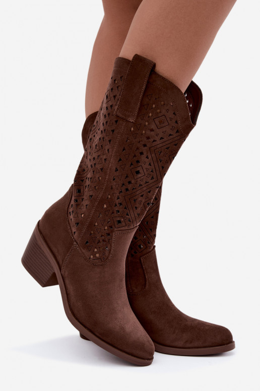 kniehoge laarzen met uitsnijdetelementen in cowboystijl met hakken S.Barski HY62-8126 in bruin