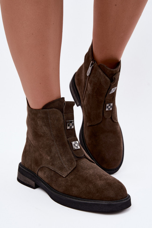 Faux suede gevoerde enkellaarsjes met brede hakken D&A CR62-3334 donkerbruin
