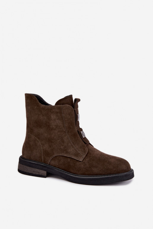 Faux suede gevoerde enkellaarsjes met brede hakken D&A CR62-3334 donkerbruin