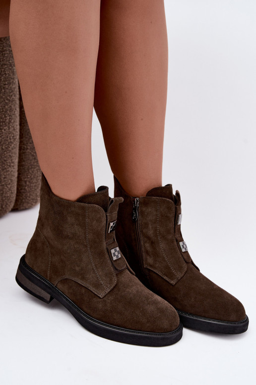 Faux suede gevoerde enkellaarsjes met brede hakken D&A CR62-3334 donkerbruin