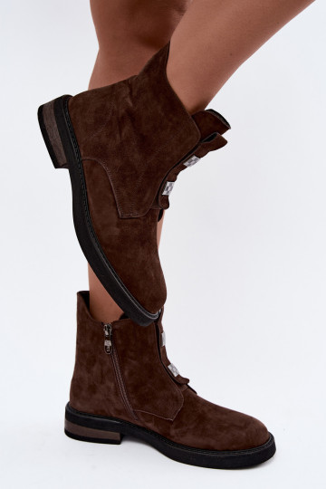 Faux suede gevoerde enkellaarsjes met brede hakken D&A CR62-3335 chocolade
