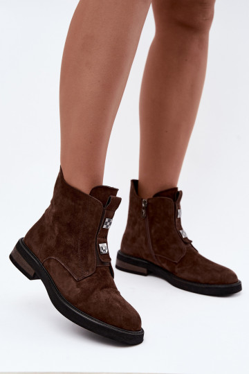 Faux suede gevoerde enkellaarsjes met brede hakken D&A CR62-3335 chocolade 2