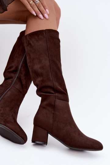 Dames lange laarzen met hakken gevoerd S.Barski HY62-8131 chocolade
