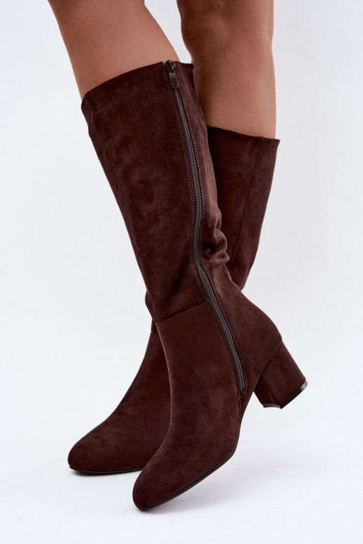Dames lange laarzen met hakken gevoerd S.Barski HY62-8131 chocolade