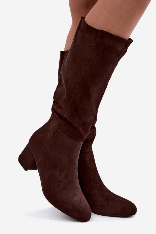 Dames lange laarzen met hakken gevoerd S.Barski HY62-8131 chocolade