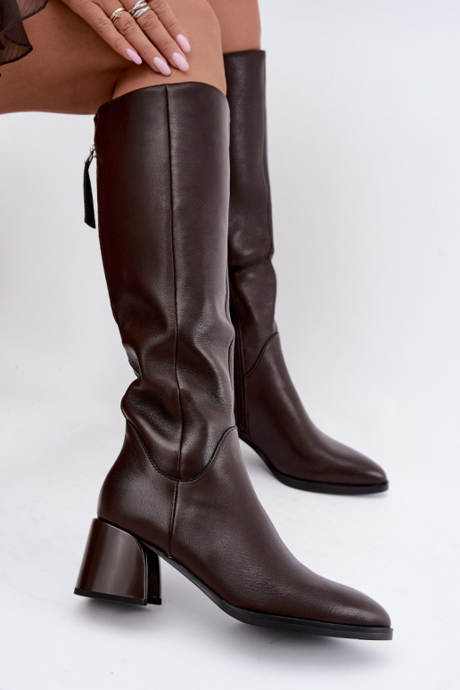 Leren lange laarzen voor dames met hakken gevoerd D&A JC62-1069 chocolade