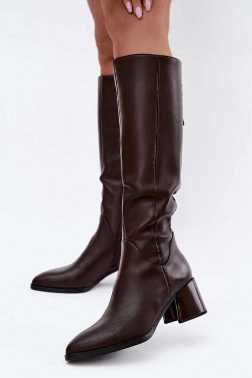 Leren lange laarzen voor dames met hakken gevoerd D&A JC62-1069 chocolade