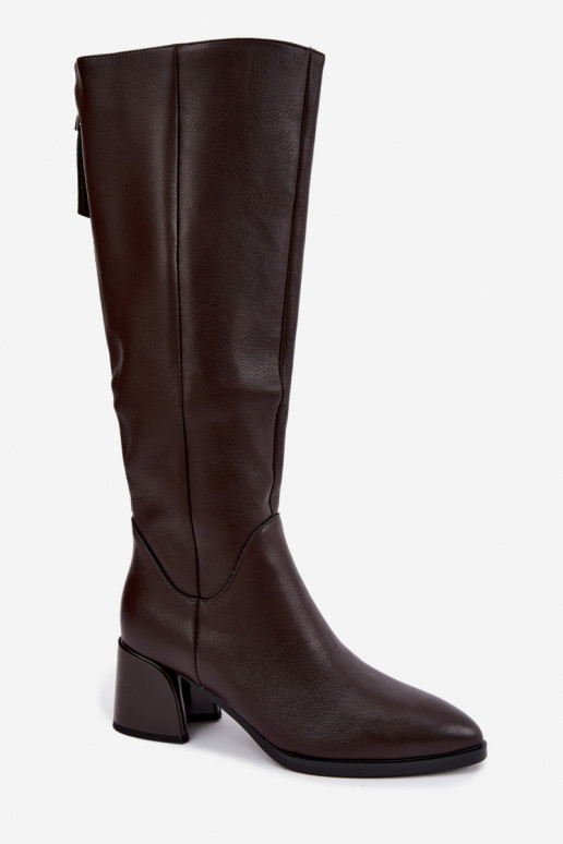 Leren lange laarzen voor dames met hakken gevoerd D&A JC62-1069 chocolade