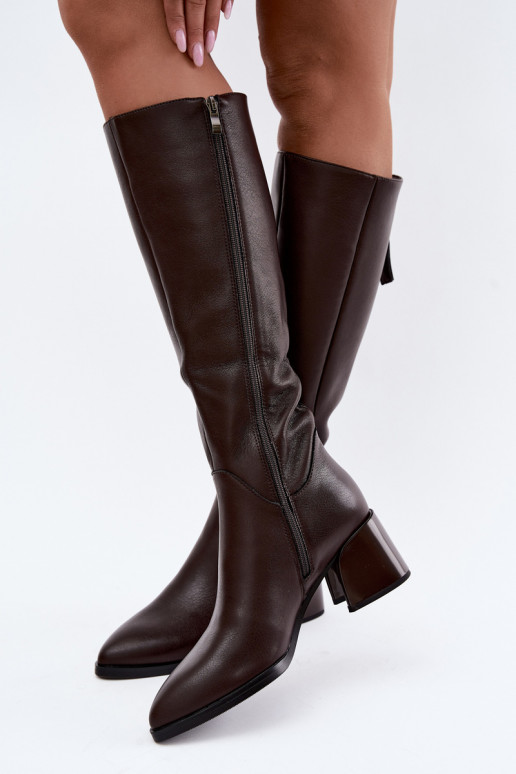Leren lange laarzen voor dames met hakken gevoerd D&A JC62-1069 chocolade